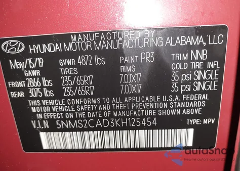 2019 Hyundai Santa Fe Se from USA, damaged, VIN 5NMS2CAD3KH125454